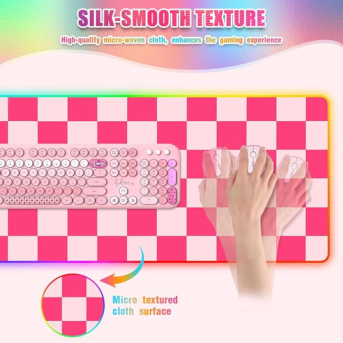 RGB Gaming Mouse Pad I Large Mousepad with 14 Led Modes I Keyboard Pad Gaming Desk Mat I Non-Slip Rubber Base Mouse Mat I 900x400x4mm Waterproof Mousepad for Gaming PC MacBook I Pink Checkered
