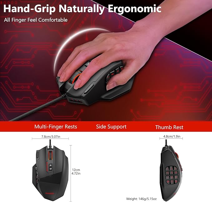 Premium Wired MMO Gaming Mouse For MOBA/FPS/RPG16400 DPIRapid Fire One-Button Triple Shot5.9FT Cable5 RGB Backlit18 Programmable Side Buttons 8 x 2.4g Weight TuningFor PC Computer/Desktop