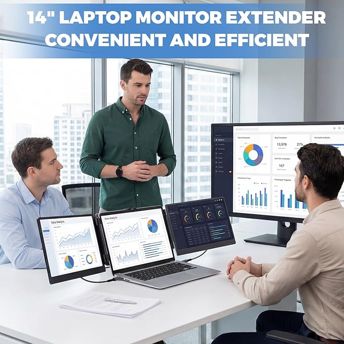 JoyReal Laptop Screen Extender 14 FHD 1080P IPS Portable Monitor for Laptop Triple Screen Extender Monitor USB-C/HDMI Plug-Play for Windows Mac Fit 13-17.3 Laptops