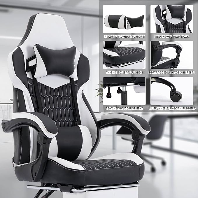 Gaming Chair with Footrest Ergonomic Gamer Chair with Adjustable Lumbar Support &amp Headrest Computer Chair for Adults High Back Video Game Chairs for Home Office PC Gaming Chair (Black)