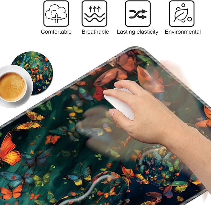 Keyboard Mouse Pad SetLarge Mouse Pad+Keyboard Wrist Rest+Wrist Support+Coaster31.5x11.8in Extended Desk Mat for Computer Laptop Office Home - Cute Butterfly