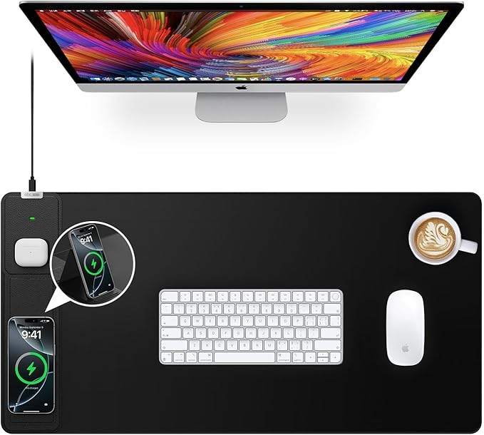 Wireless Charging Mouse Pad with Foldable Phone Holder 31.5x15.8 Large Desk Mat for Laptop/Keyboard Waterproof Ultra-Smooth Surface Non-Slip Base Black