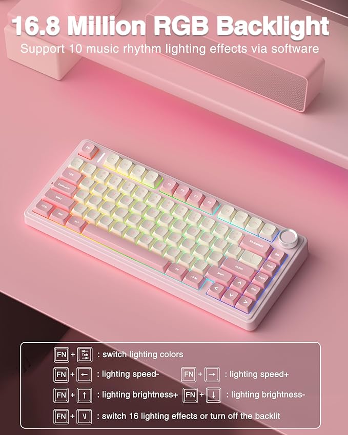 AULA F75 75% Wireless Mechanical Keyboard Hot Swappable Pink Creamy Keyboard Pre-lubed Linear Switches PBT Keycaps 2.4GHz/Type-C/BT5.0 RGB Backlit Computer Gaming Keyboards for Office/Laptop/PC