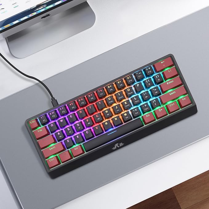 Rii RK806 60% Mechanical Gaming Keyboard61 Keys Compact Wired Keyboard with RGB BacklightClicky Blue SwitchAnti-ghostingfor Windows Laptop PC Mac(Black&ampRed)