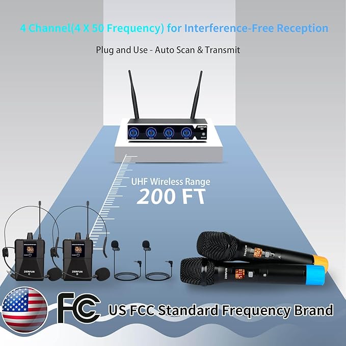 Pro Wireless Microphone System 4 Channel UHF Metal Cordless Handheld Headset Lavalier Lapel Mics for Church Karaoke Singing 4x50 Adjustable Frequency(G8 Battery 2 Handheld 2 Bodypack)