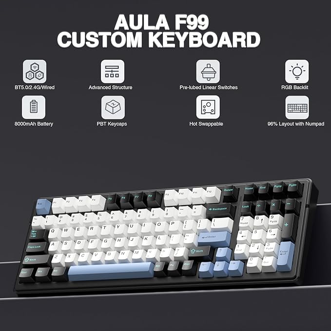 AULA F99 Wireless Mechanical KeyboardTri-Mode BT5.0/2.4GHz/USB-C Hot Swappable Custom KeyboardPre-lubed Linear SwitchesRGB Backlit Gaming Keyboards for PC/Tablet/Xbox/PS4/PS5 (Renewed)