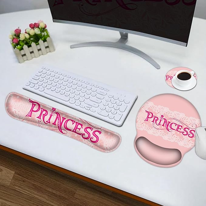 DINKY Pink Mouse Pad with Wrist Rest Desk Pad for Keyboard and Mouse Ergonomic Mousepad Set Keyboard Wrist Rest with Coaster Desk Mat Combo for Office Home Pink Princess