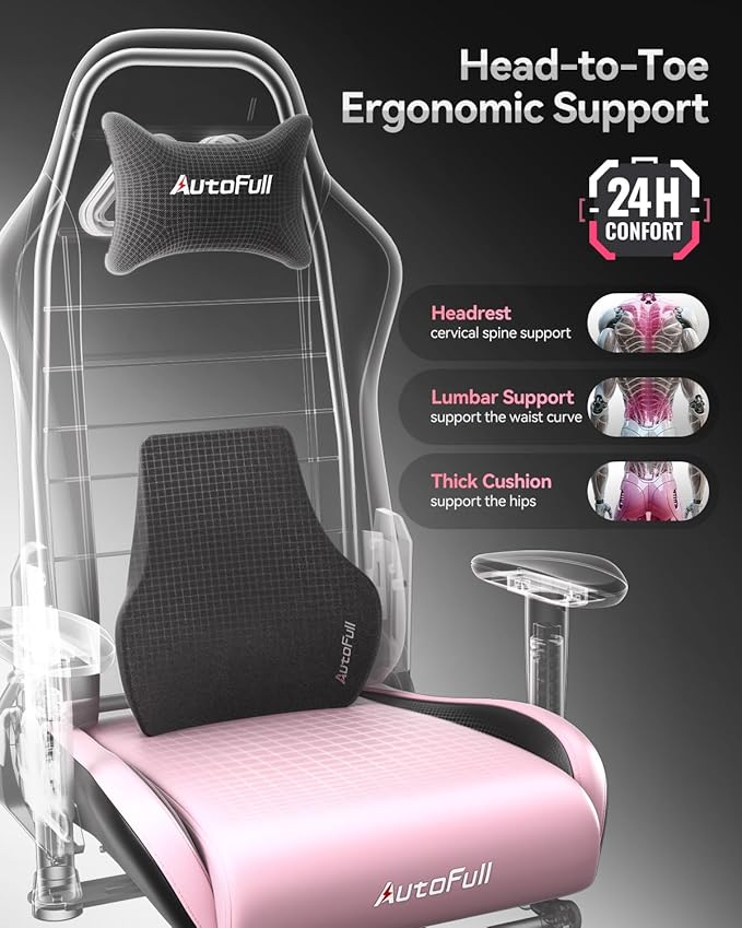 AutoFull C3 Gaming Chair Racing Style Gaming Chair with Ergonomic Lumbar SupportAdjustable High Back PU Leather PC Chair with FootrestPink