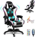 RGB Gaming Chair with Speakers Full Massage Video Game Chair with Footrest Ergonomic Office Chair PU Leather Recliner Swivel Computer Chair with Lumbar Support Headrest High Back Gamer ChairWhite