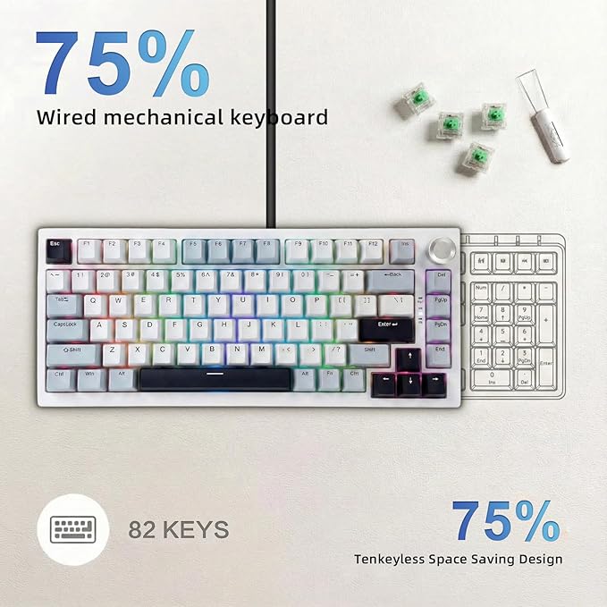 DstoPar Wireless Mechanical Keyboard75% Hot Swappable Gaming Keyboard With multifunction knobRGB BacklitGasket StructurePBT Keycaps Bluetooth5.0/Type-C/2.4GK81 mechanical keyboard (Bright White)