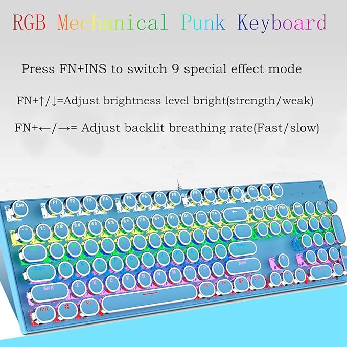 Typewriter Style Mechanical Gaming Keyboard Blue Retro Punk Gaming Keyboard with 9 True RGB Backlight Modes 104 Keys Blue Switch Wired Cute Keyboard Round Keycaps for Windows/Mac/PC