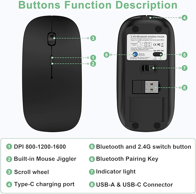 Wireless Mouse for Laptop/MacBook Air/Pro &amp iPad Mouse Jiggler Mode Bluetooth 5.2/2.4G Rechargeable Silent Click 3-Level DPI Slim Portable USB-A&ampC Receiver (Mouse Jiggler Mode Black)