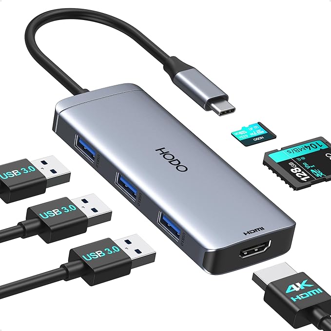 USB-C Hub Multiport Adapter for MacBook Air/Pro - 6 in 1 HDMI Dongle with 4K USB 3.0 Ports SD/TF Card Reader for MacBook m1/m2/m3/m4 Dell XPS HP Lenovo Surface and Other Type-C Devices
