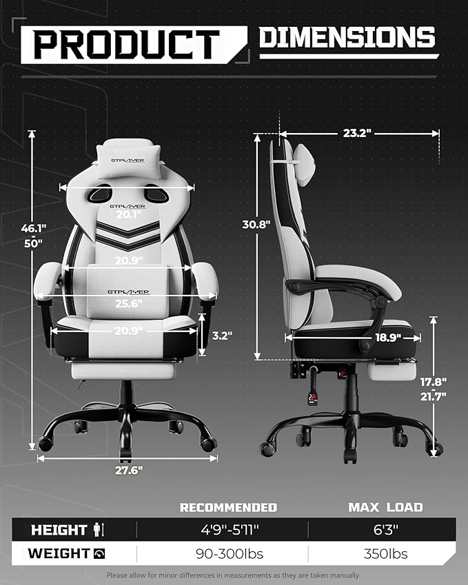 GTPLAYER Gaming Chair Computer Chair with Footrest and Lumbar Support for Adults 360°-Swivel Big &amp Tall Reclining Seat for Office or Gaming (White)