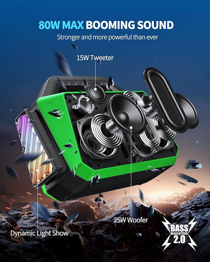 Bluetooth Speaker - 80W Loud Rugged Outdoor Speakers IPX6 Waterproof 20H Playtime Deep Bass Lightshow TWS BT 5.3 Wireless Portable for Travel Hiking Camping Beach Pool - Green