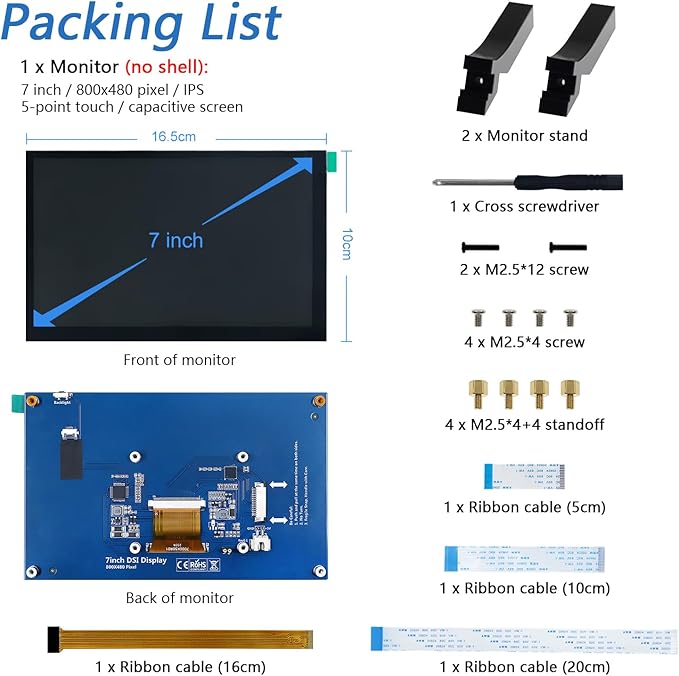 FREENOVE 7 Inch Touchscreen Monitor for Raspberry Pi 5 4 B 3 B+ A+ 800x480 Pixel IPS Display 5-Point Touch Capacitive Screen Driver-Free MIPI DSI Port