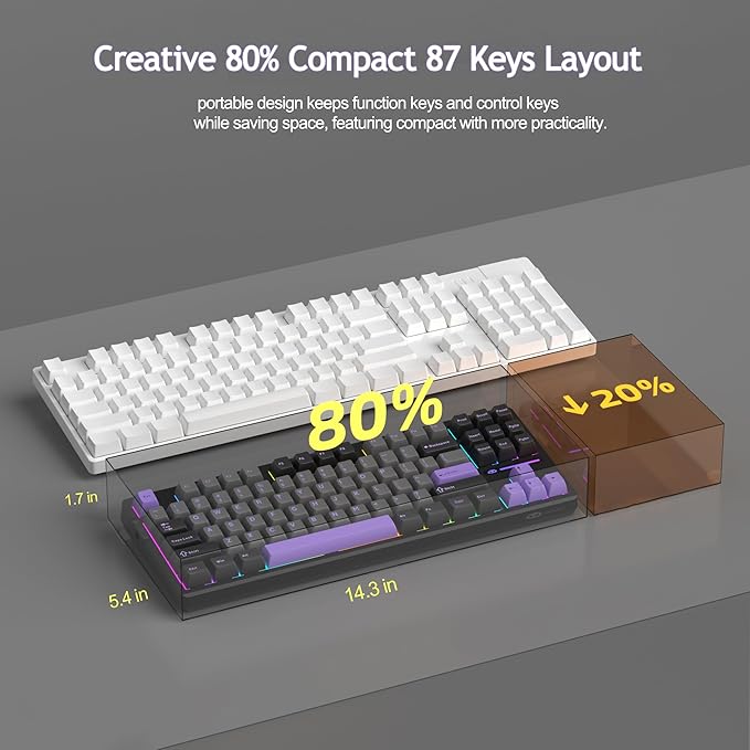 MageGee LIGHT87 Wireless Creamy Keyboard Gasket Structure Hot Swappable Mechanical Keyboards 2.4G/USB-C/BT5.0 RGB Backlit Gaming Keyboard for Win/Mac/PC 4000mAh Battery PBT Keycaps Purple