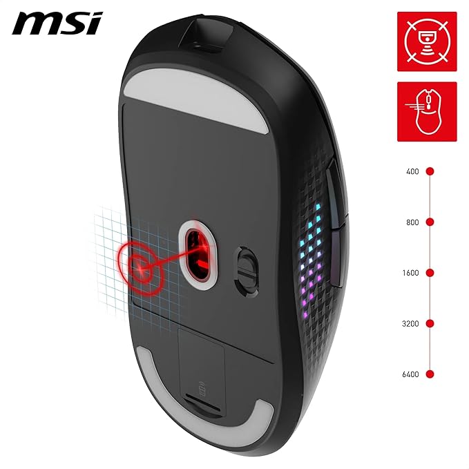 msi Versa 300 Elite Wireless Gaming Mouse - 26000 DPI Optical Sensor 1000 Hz Polling Rate Symmetrical 60M+ Click OMRON Switches 6 Buttons 200-Hour Battery 1ms Latency RGB 65g - Wired/Wireless