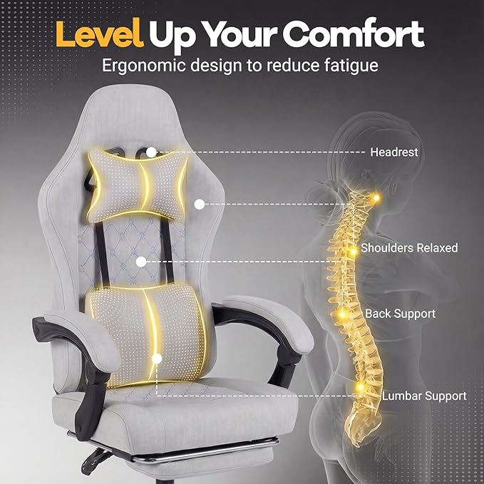 Giantex Gaming Chair Ergonomic Computer Chair with Headrest Lumbar Support Linkage Armrests Reclining Backrest &amp Footrest High Back Swivel Office Chair Video Game Chair (Grey)