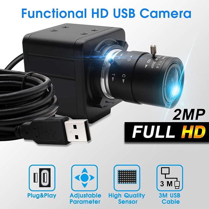 2MP H.264 Webcam 2.8-12mm Varifocal Lens USB Camera HD 1080P 0.01Lux Low Light Streaming Camera CMOS IMX322/IMX323 Sensor Industrial Webcam Plug and Play Free Driver
