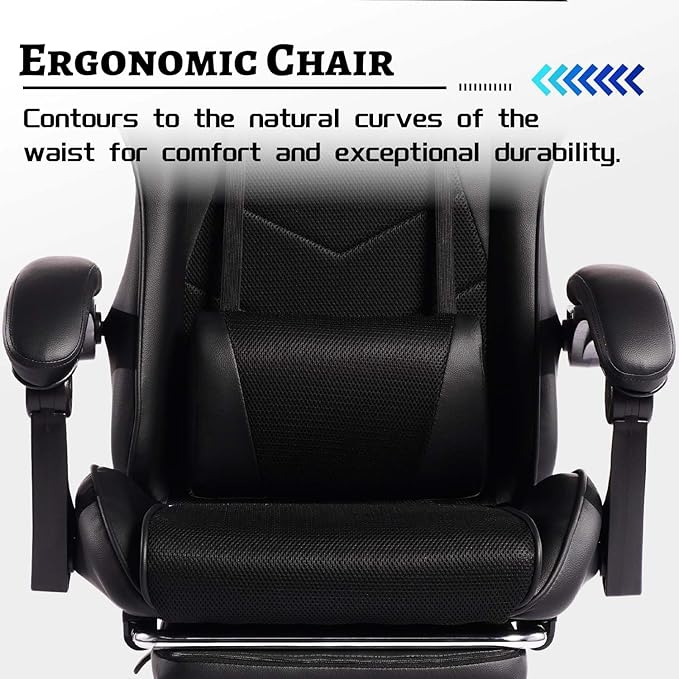 Gaming Chair with Footrest &amp Massage Comfortable Game Chair for Adults Gaming Desk Chairs with Headrest and Lumbar Cushion for Work and Study Adjustable Height Ergonomic (Black)