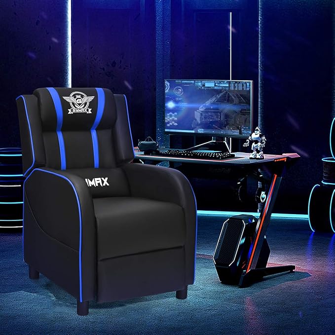 Gaming Recliner Movie Theater Chair w/Adjustable Backrest &amp Footrest Massage Lumbar Pillow Racing Single Sofa PU Leather Reclining Chair for Gaming Room Home Theater (Blue)