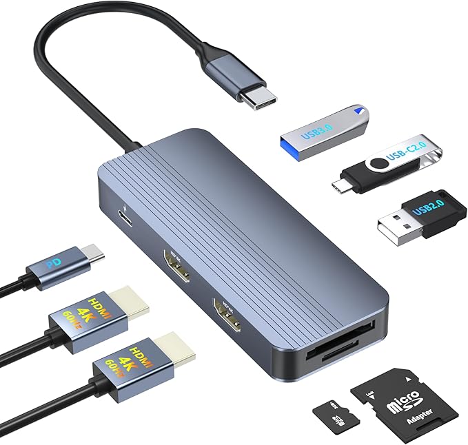 USB C Docking Station Dual HDMI 4K@60Hz 8 in 1 Docking Station Dual Monitor for Mac/Dell/HP Laptop HDMI Splitter for Dual Monitors Double HDTV USB C Hub Multiport Adapter with USB/PD/SD/TF