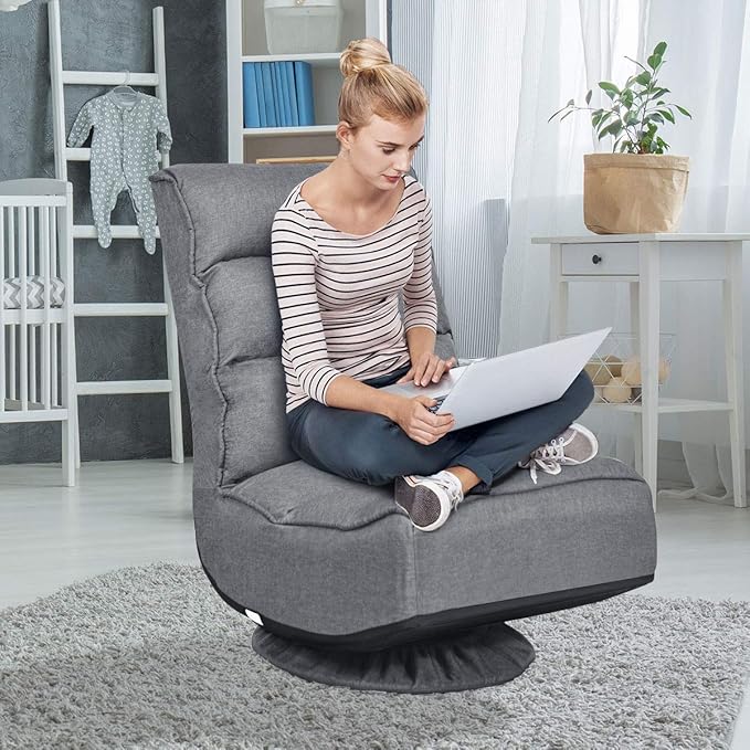 Giantex 360 Degree Swivel Floor Chair Folding Floor Gaming Chair with 6 Positions Adjustable Lazy Sofa Lounge Chair w/Tufted Back Support Video Gaming Chair for Reading TV Watching (Gray)