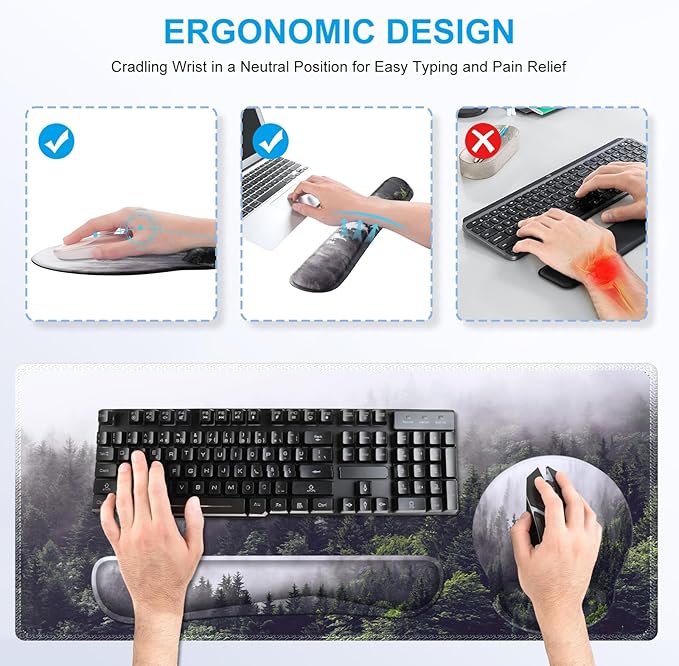 iCasso Desk Mat Gaming Mouse Pad Wrist Support Set4in1 XXL Large Mousepad + Keyboard Wrist Rest+Mouse Wrist Rest+Coaster Set with Ergonomic Design for Home Office Table Computer-Forest
