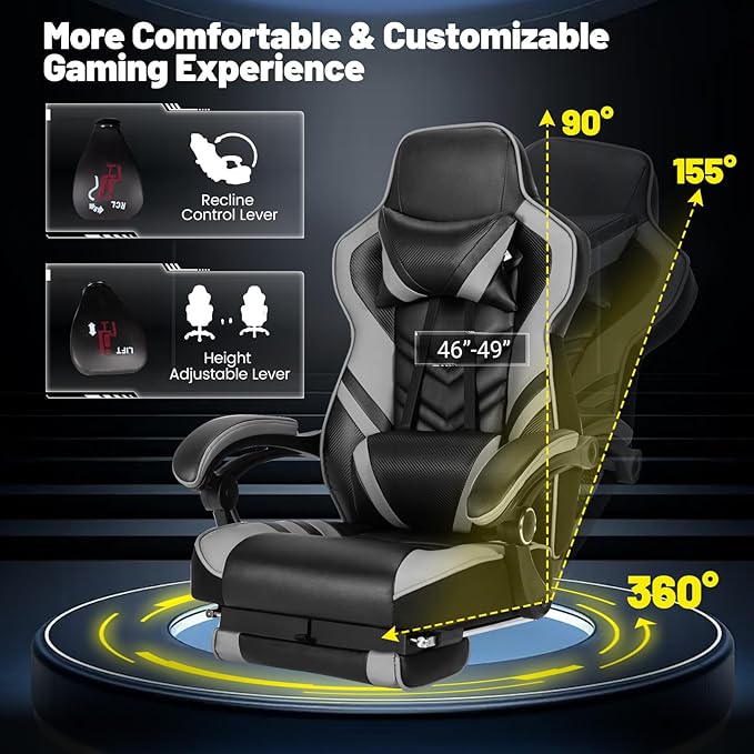 Goplus Gaming Chair Computer Chair with Footrest and Lumbar Support Height Adjustable Executive Swivel Rolling Task Chair with 90°-155° Tilt Function (Grey)