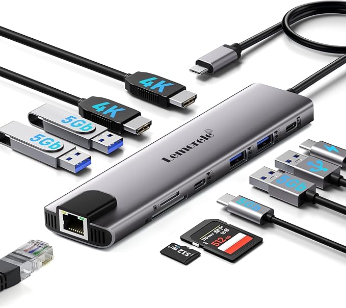 Aluminum Docking Station USB-C Hub with 2 HDMI Gigabit Ethernet 4 USB A USB-C 3.0 PD 100W SD/TF 1000Mbps RJ45 LAN Dock Adapter for MacBook Docking Station Laptop Supports 2 Monitor