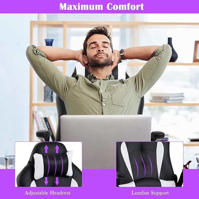 White Gaming Desk Chair PC Gaming Chair Gamer Chair Comftorable Ergonomic PU Leather Computer Office Chair with Lumbar Support Flip Up Arms High Back Executive Gaming Stuff for Girl Kids Adults