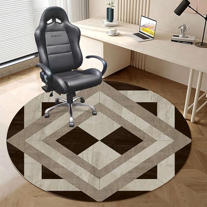 Beige Black PU Leather Chair Mat Hard Floor Protecting Marble Nostalgic Stone Mosaic Noise Cancelling with Anti Slip Rubber Multi-Purpose Floor Mat for Bedroom Victorian Style Diameter 55 in