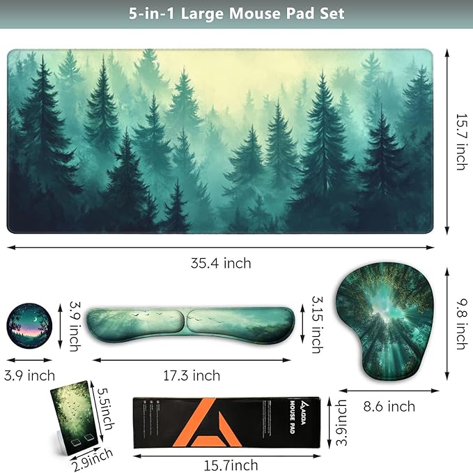 AQQA Desk Pad and Keyboard Wrist RestLarge Mouse Pad + Keyboard Pad+Mouse Wrist Support+Coaster +Mobile Phone Holder Non-Slip Desk Mat Protector for Office Home(31.5×15.7 InchesForest Tree)