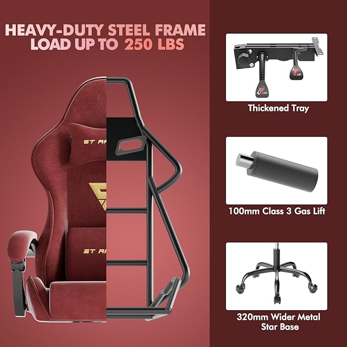 Soontrans Velvet Fabric Gaming Chair for Adult Ergonomic Comfortable Video Gamer Chair with Footrest Reclining Office Computer Desk Game Chairs with Massage Lumbar CushionHeadrest