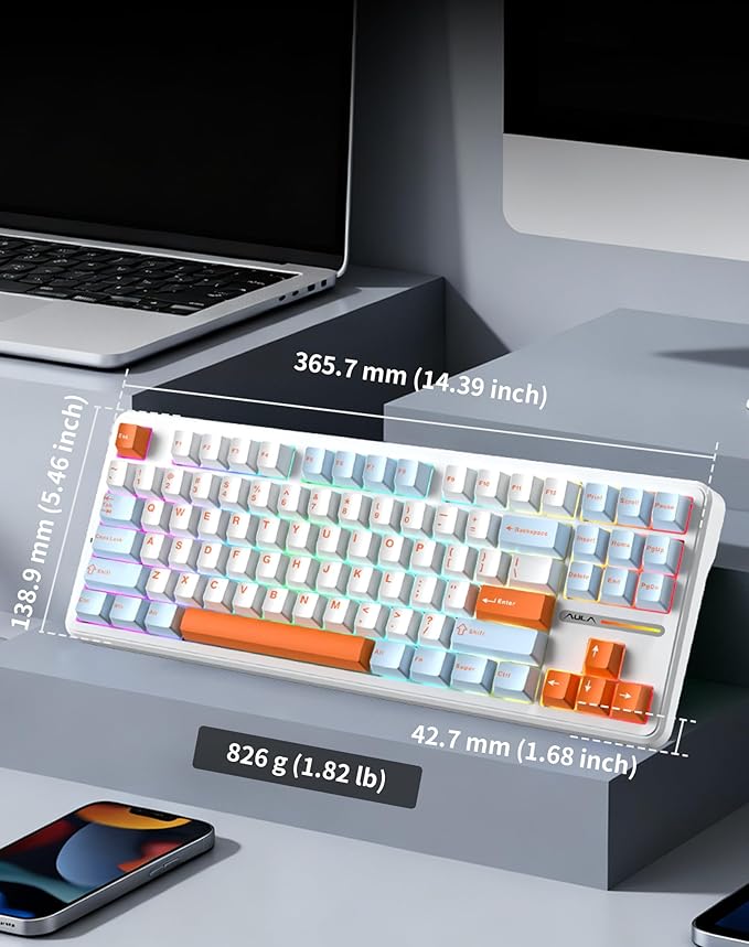 Aula F87 Pro Wireless Mechanical Keyboard 87-Key TKL Tri-Mode (BT5.0/2.4G/USB-C) Hot Swappable Gasket Mount Keyboard 4000mAh Battery RGB Backlit PBT Keycaps Custom Gaming Keyboard for PC Mac