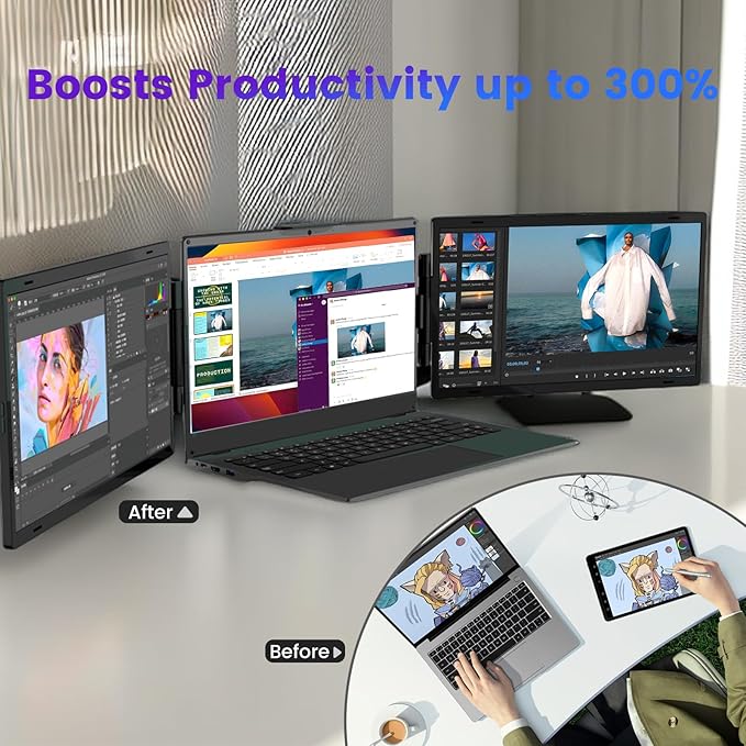 Azeyou 15.6 Triple Laptop Screen Extender 15.6” FHD 1080P IPS Laptop Screen Extender with Build-in Stand/Dual Speakers HDMI/USB-A/Type-C Plug for 14”-17” Laptops (Mac Wins Android)