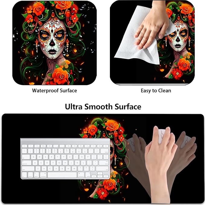 Large Mouse Pad with Mouse Wrist Rest 31.5x11.8 in Extended Mouse Mat Ergonomic Memory Foam Wrist Rest for Work &amp Gaming Writing Pad Colorful Day of The Dead Women Black Office Desk Pad