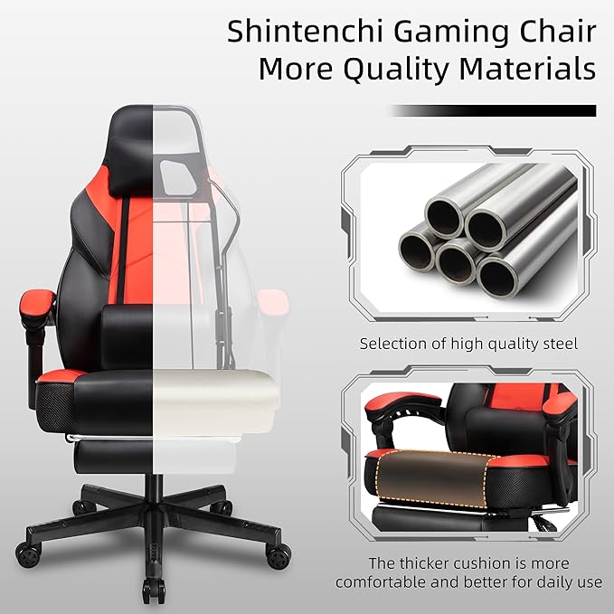 Shintenchi Gaming Chair with Footrest Massage Lumbar Support Height Adjustment and 360° Swivel Seat. Ergonomic Design for Gaming