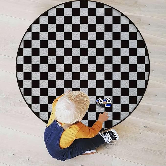 Checkered Gaming Chair Mat Round Floor Mats for Office Chair Computer Gaming Desk Mat for Rolling Chair Non-Slip Gaming Rug Checkers Game Geometric Grid StyleWhite Charcoal Diameter 43.3 in