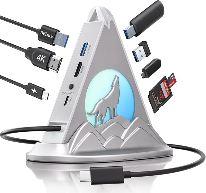 8-in-1 USB-C Multiport Adapter for MacBook Pro/Air 4K HDMI 3 USB-A Ports 1 USB-C Data 100W PD SD/TF Card Reader &amp RGB Lighting Type-C HUB for Laptops PC Surface XPS
