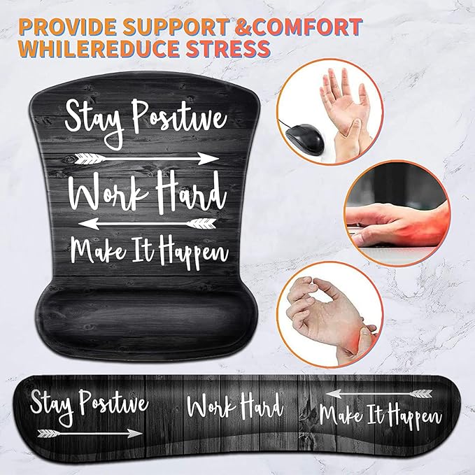 Keyboard Wrist Rest Pad and Ergonomic Mouse Pad Wrist Support Set Stay Positive Work Hard and Make It Happen for GamingOffice Comfortable and Pain Relief with Coaster Set