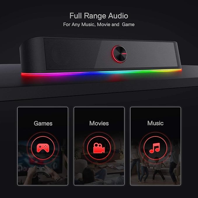 Redragon GS560 RGB Desktop Soundbar 2.0 Channel Computer Speaker with Dynamic Lighting Bar Audio-Light Sync/Display Touch-Control Backlit with Volume Knob USB Powered w/ 3.5mm Cable Black