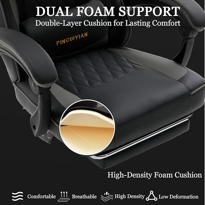 Ergonomic Gaming Chair with Footrest and Lumbar Support High Back Reclining PU Leather Computer Chair with Headrest and Linkage Armrests Swivel Height Adjustable Office Gamer Chair for Adults (Gray)