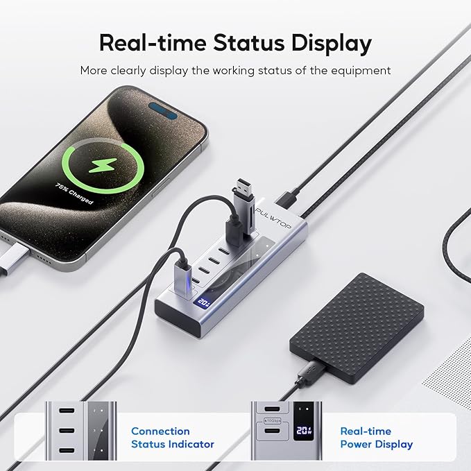 Powered USB C Hub PULWTOP 7 in 1 USB C Hub Support Data 10Gbps &amp Charging(Not Support Video) USB C Powered Hub 10Gbps Ports for iMac MacBook Pro/Air iPad XPS USB Hub with 35W PD Power Adapte