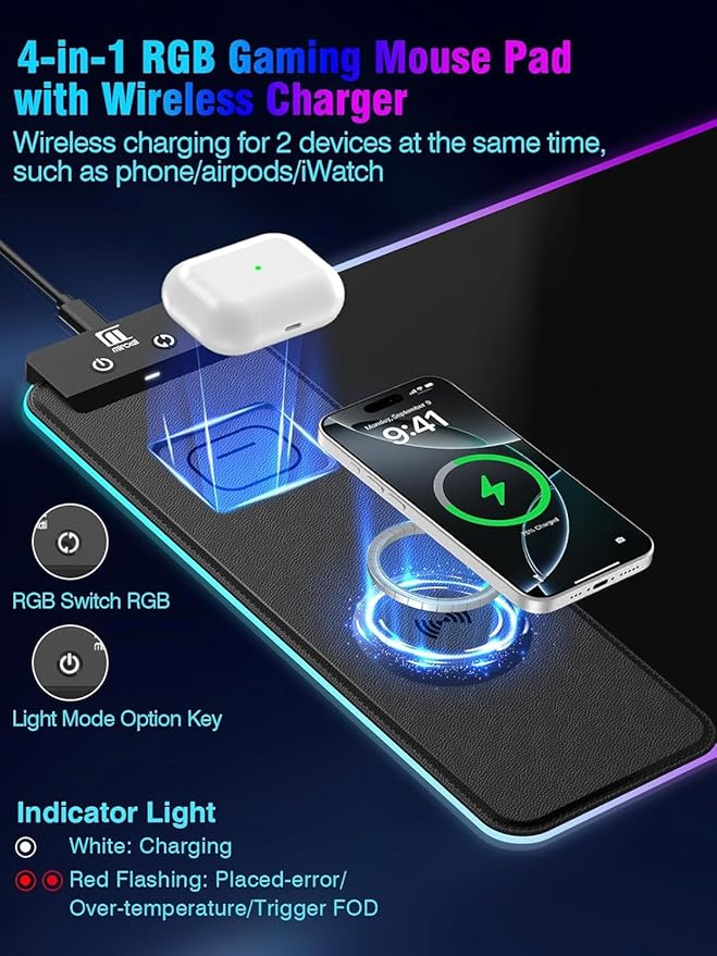 Mouse Pad with Magnetic Wireless Charging Large Desk Pad Protector RGB Black Mousepad Desk Mat with 15W Fast Charger 4mm Thick Non-Slip Waterproof Laptop Writing Pad for Office Home Gaming