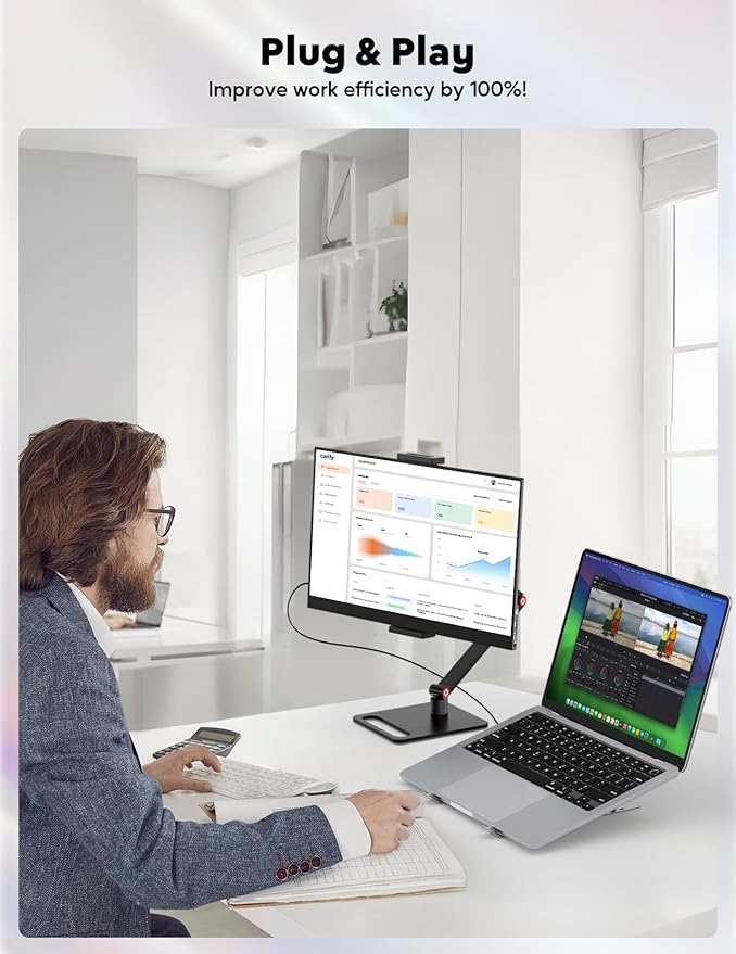 15.6” Portable Monitor with Adjustable Stand 1080P FHD IPS Screen Extender Laptop Stand &amp Smart Cover Included Ultra Slim Travel Monitor with Eye Protection Plug and Play for Laptop/PC/Mac