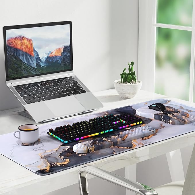 Desk Pad Mat Large Mouse Pad with Wrist Rest Ergonomic Keyboard Wrist Support XXL Carpal Tunnel Mousepad Set with Coaster Computer Keyboard Matt for Laptop Desktop White Gray Marble