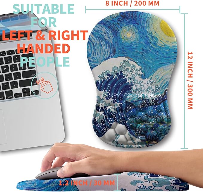 Ergonomic Mouse Pad Wrist Support with Memory Foam Massage Bulge Carpal Tunnel Pain Relief Mousepad Wrist Rest for Mouse(12x8 inchWave Starry)