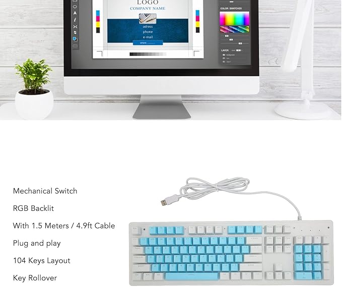 Computer Keyboard Gaming Keyboard Wired USB Connection 104 Keys for Office (Brown Switch(Blue White Keycaps))